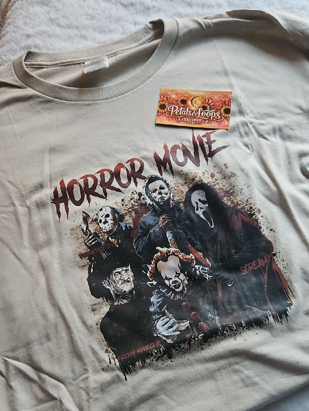 Hanes Beige Graphic Tee with Multicolor Horror Movie Print